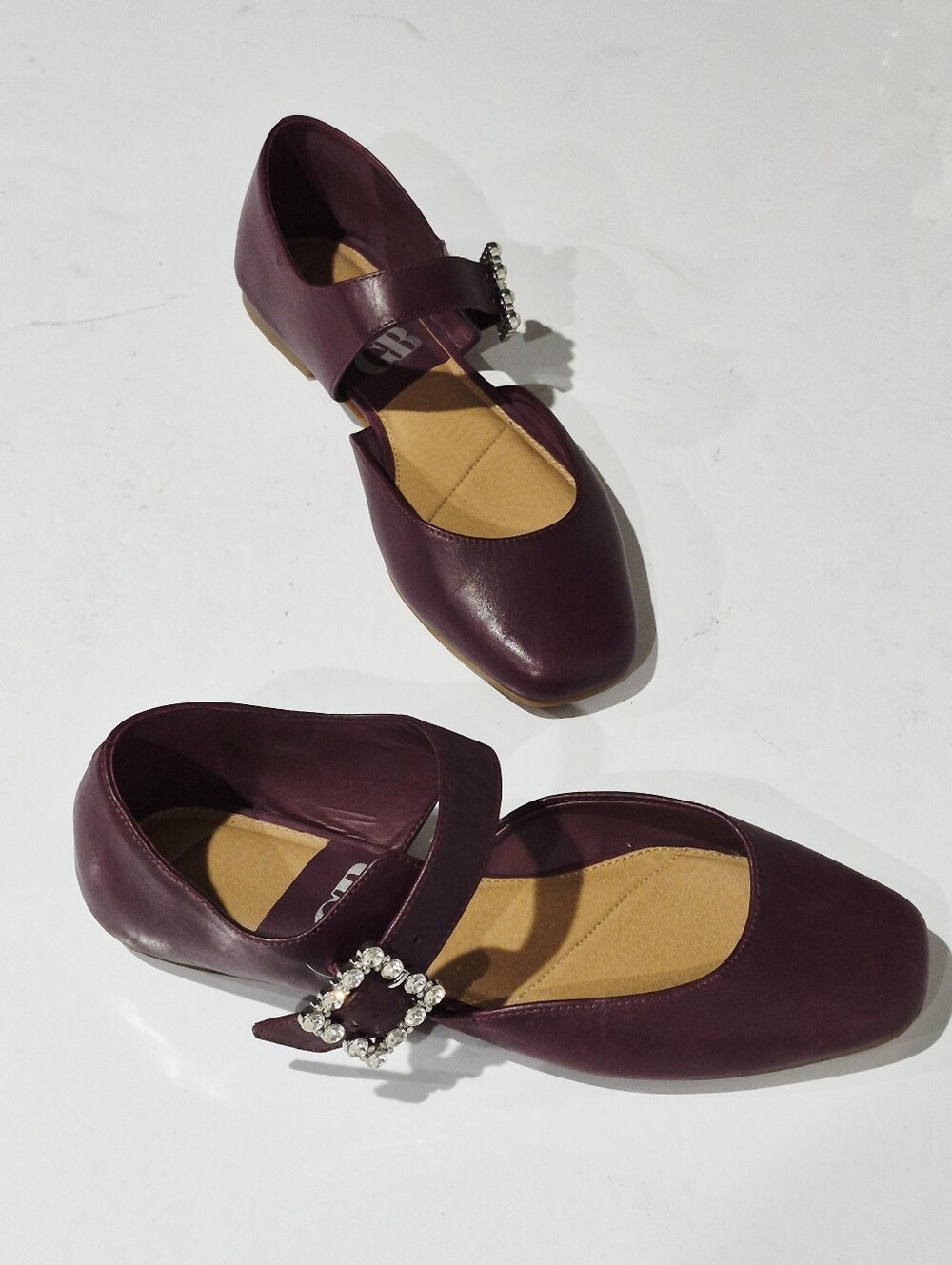 GB Women's Burgundy Mary Jane Leather Flats with Rhinestone Buckle Size 9M